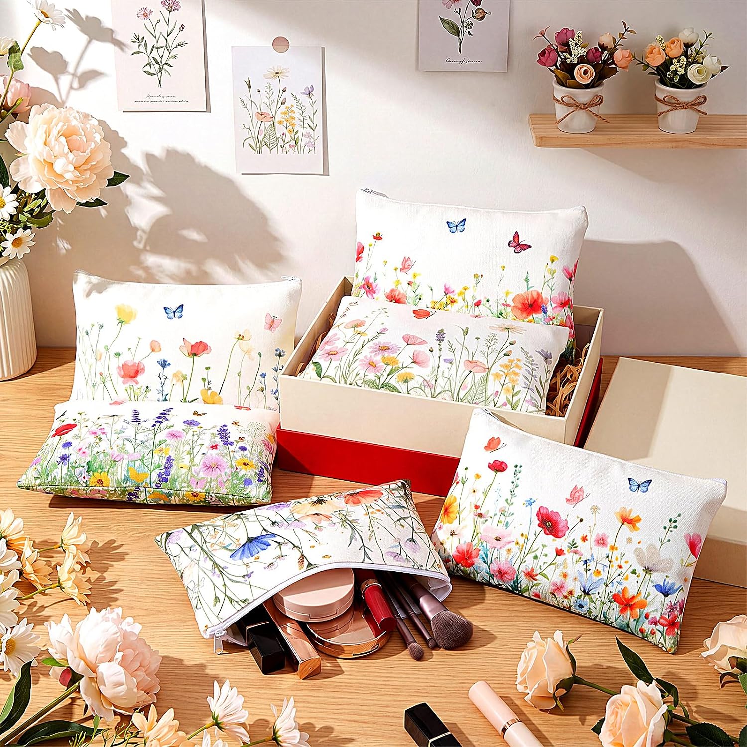 12 Pcs Wildflower and Butterfly Makeup Bags Canvas Cosmetic Bags Bulk 9 x 6 Inches Pencil Pouch with Zipper Travel Toiletry Pouch for Women Summer Holiday Party Favor Gift