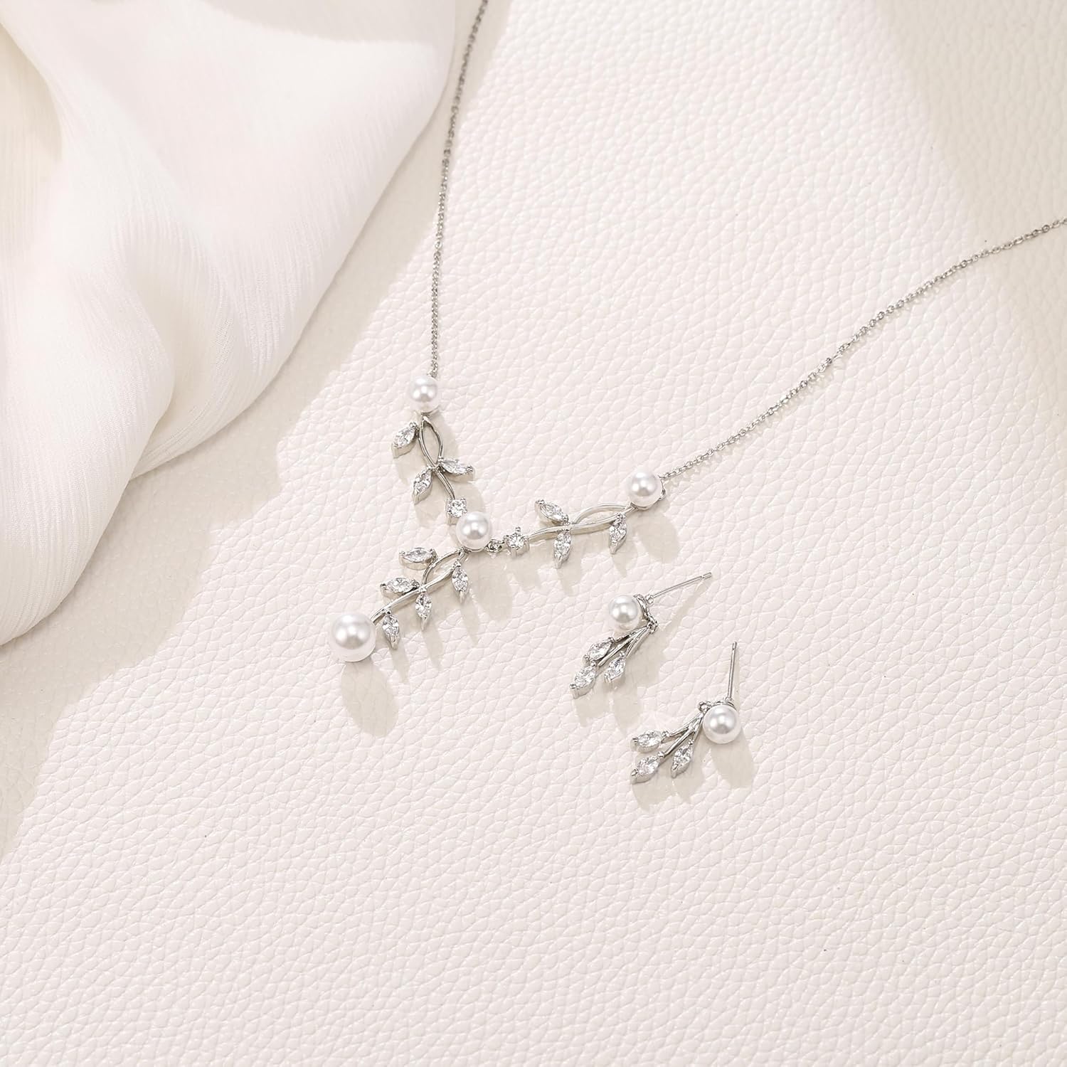 EleQueen Women's Simulated Pearl Wedding Jewelry Set, Cubic Zirconia Marquise Floral Bridal Necklace Earrings Bracelet Sets - Image 4