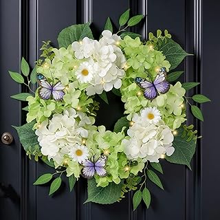 Valery Madelyn Spring Summer Wreaths for Front Door with Lights, Silk Green White Hydrangeas Floral Wreath with Eucalyptus Leaves Butterfly for Fall Home Porch Window Party Wedding Wall Decor-18''