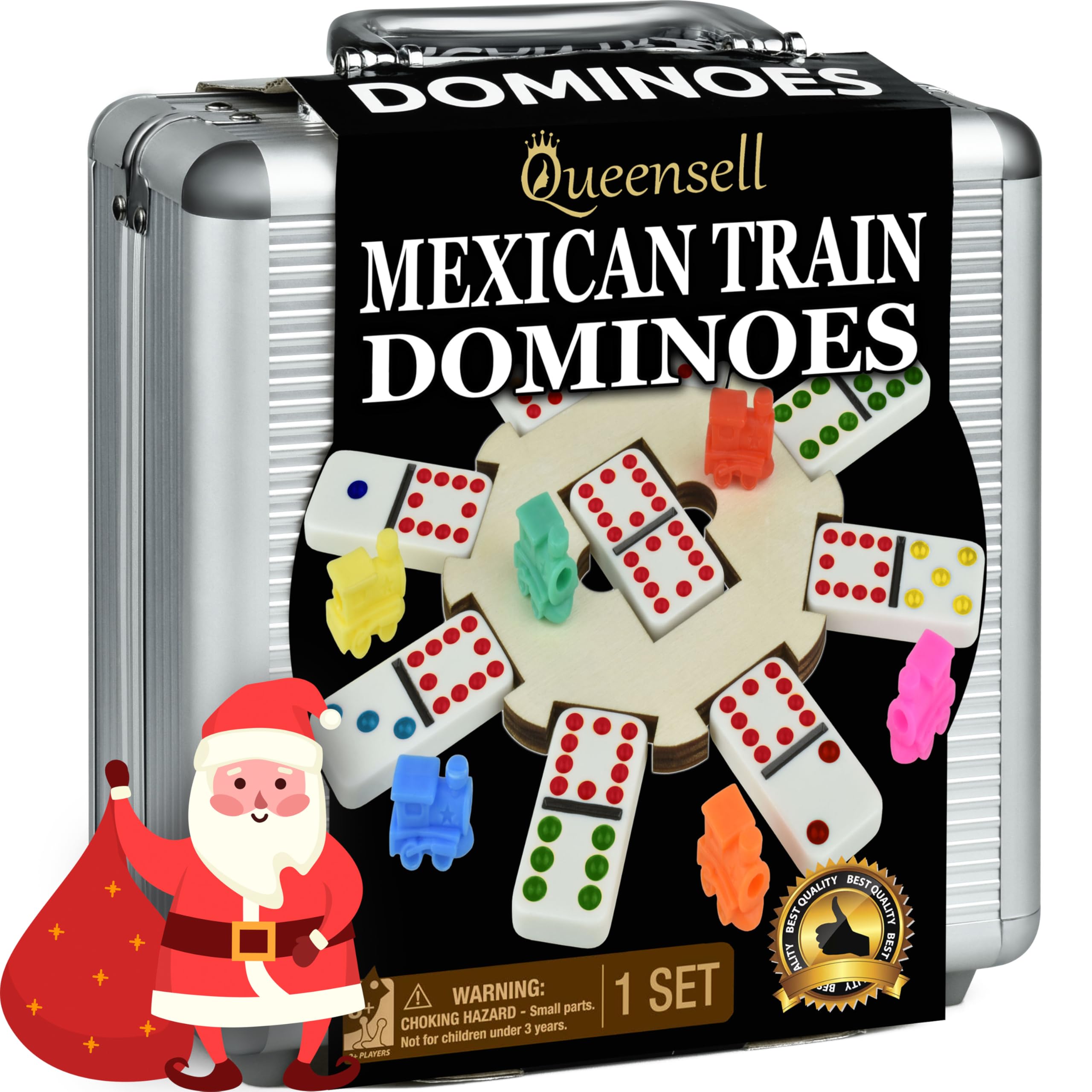 Queensell Mexican Train Dominoes Set with Wooden Hub, Domino Tile Board Games - Double 12 Dominos Set for Family Game Night for Adults and Kids Ages 8 and up (Double 12)