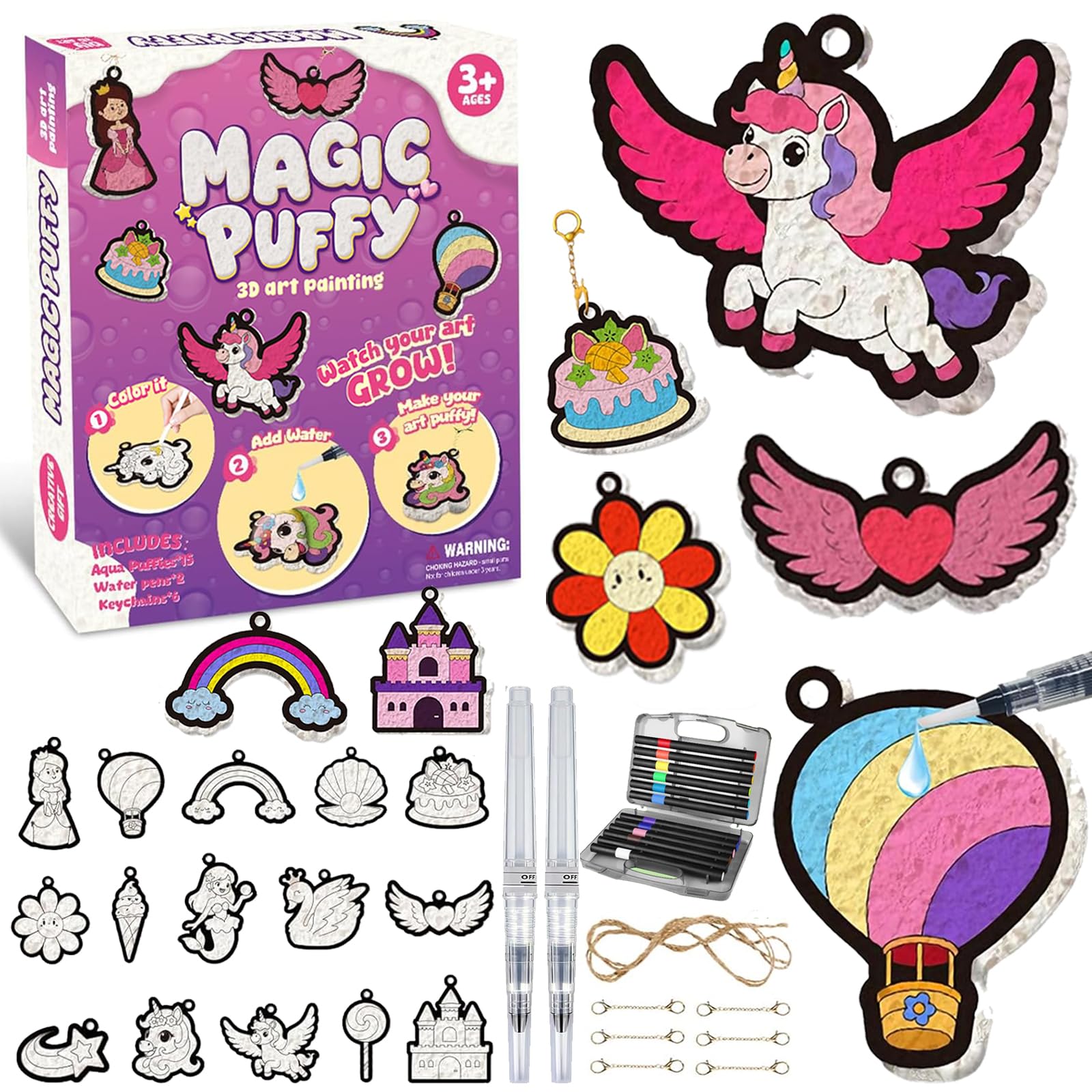 Felly 3D Art Craft Aqua Puffs Paint Kit, 15 Princesses Magic Puffy Paint Kits, DIY Foam Texture Colouring Set with 12 Colour Pens, Travel Painting Toys, Creative Gifts for Girls Ages 3 4 5 6 7 8 9
