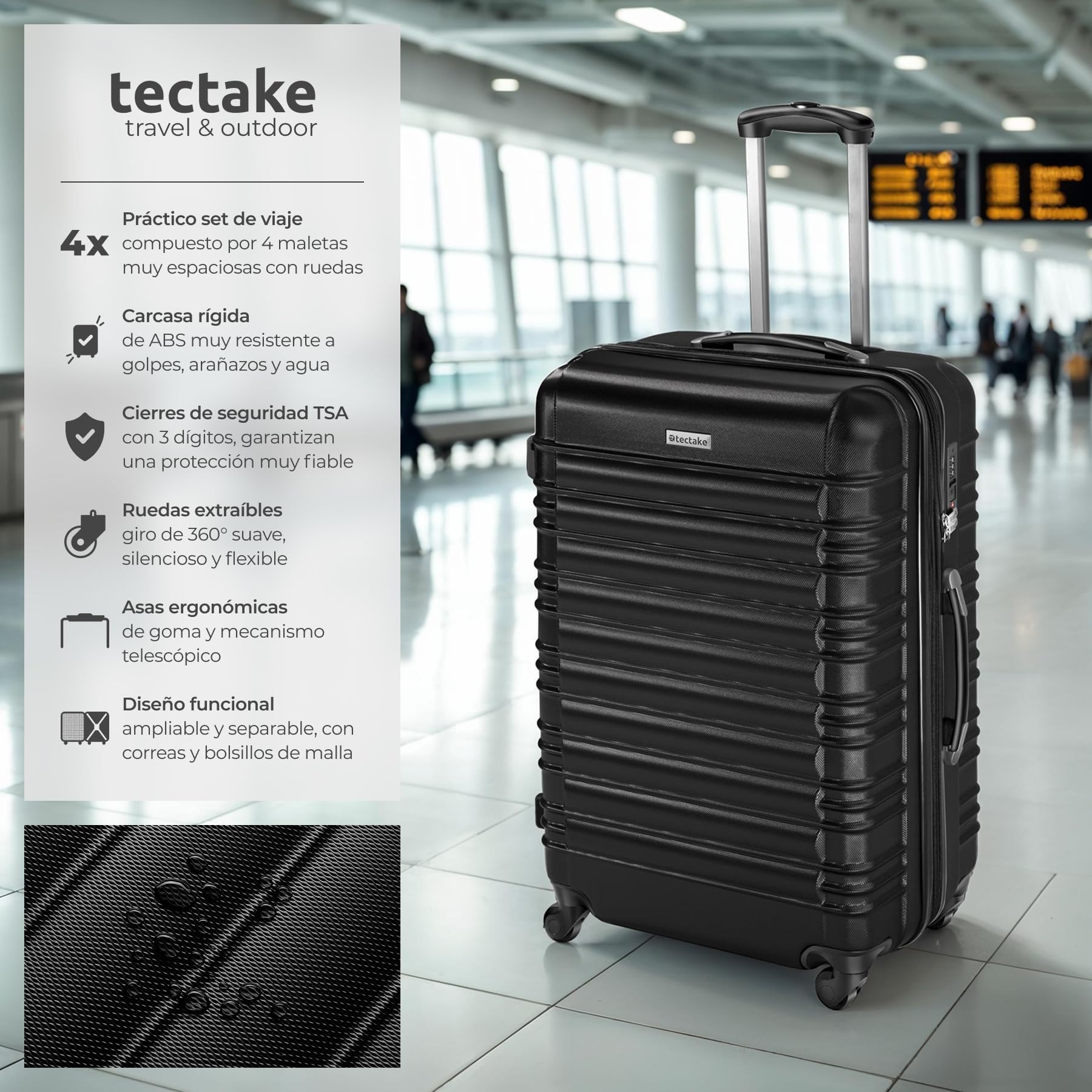 tectake® Juego de 4 Maletas Rígidas de Plástico ABS, Tamaños XL-L-M-S, Set Maletas Viaje con Ruedas de 360º, Cerradura de Combinación TSA, Asa Telescópica de Aluminio, Interior Compartimentado - negro