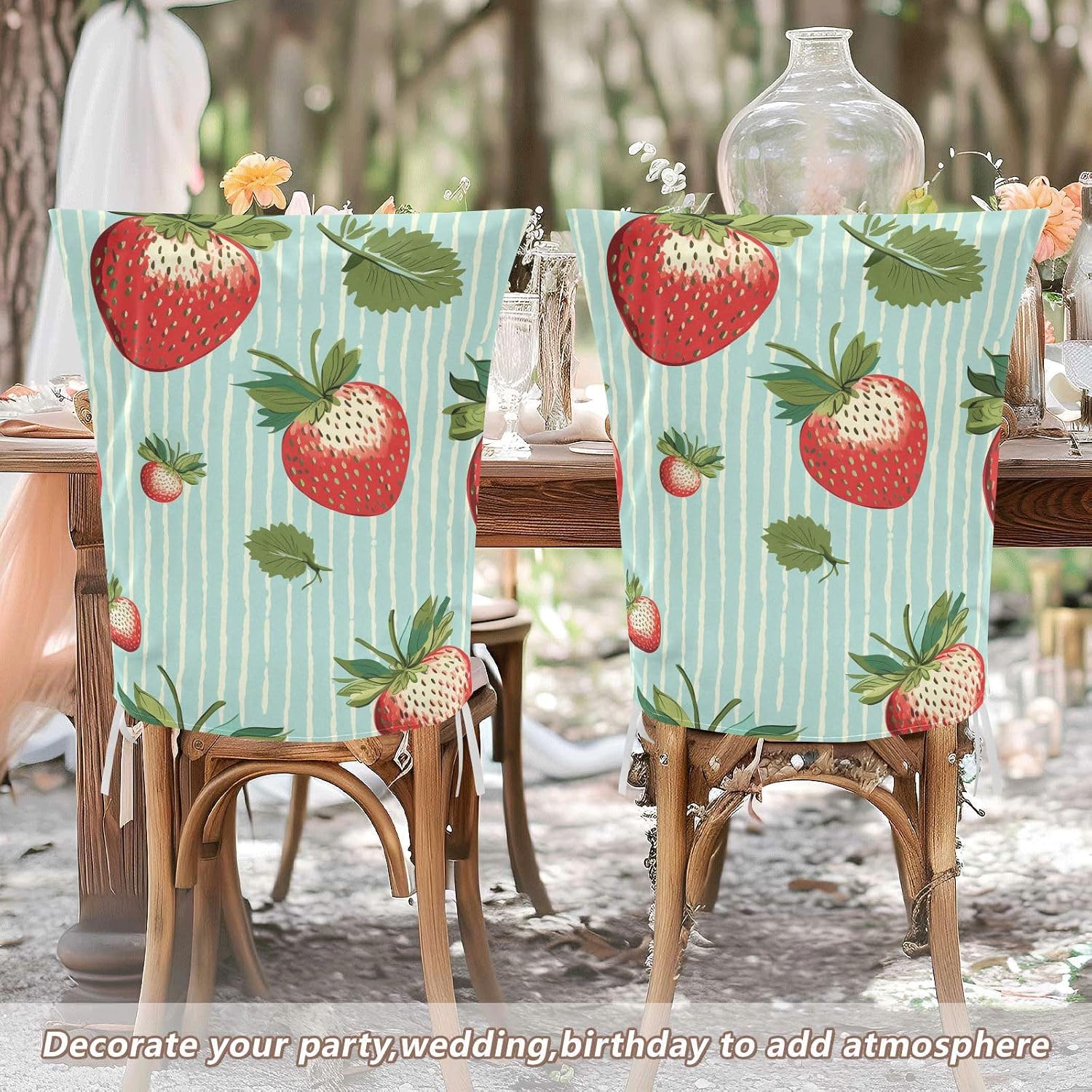 ALAZA Strawberries Stripes Chair Back Cover Set of 6, Washable Reusable Removable Chair Slipcovers Decorative Chair Cover for Home Kitchen Wedding Party