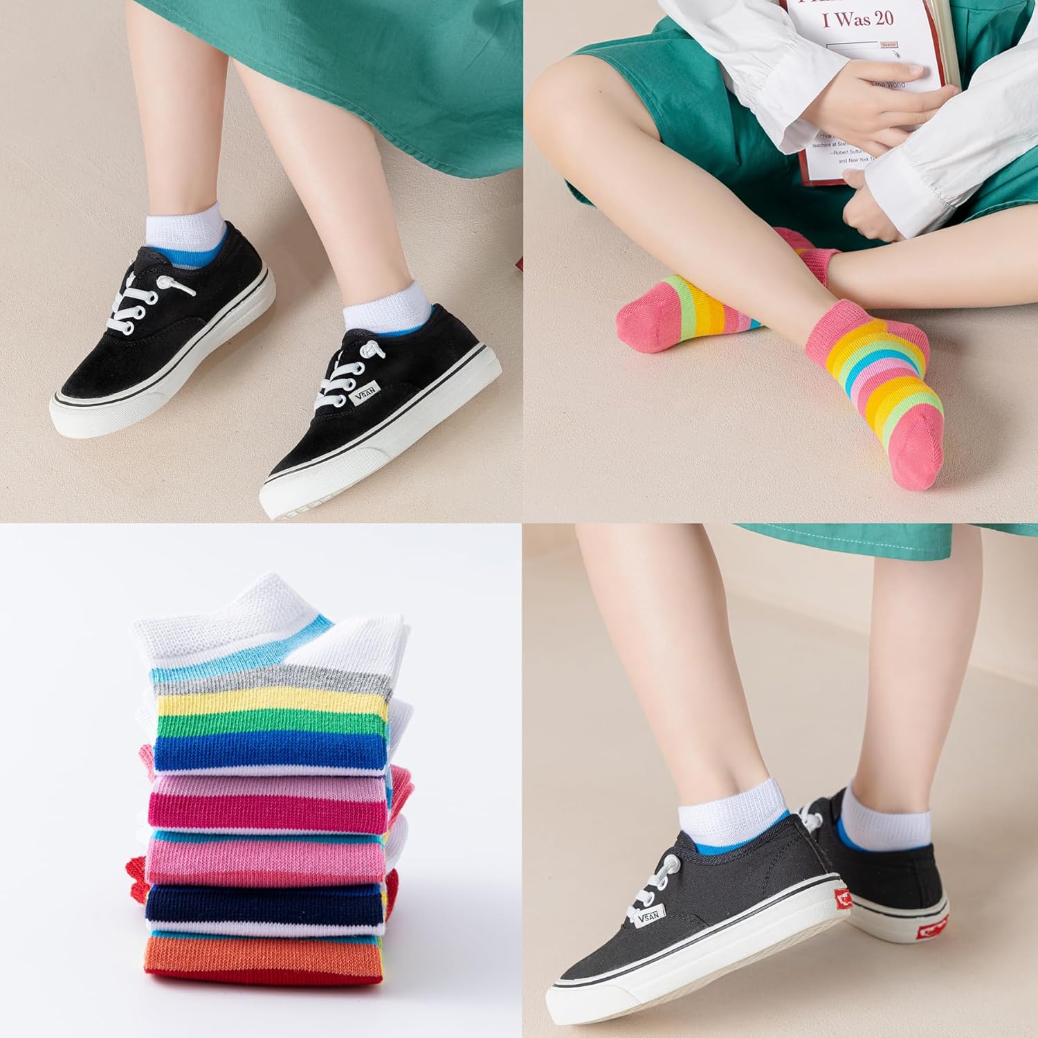 Girls No Show Seamless Socks Rainbow Cotton Stripes Socks Kids Low Cut Athletic Socks For School - Image 6