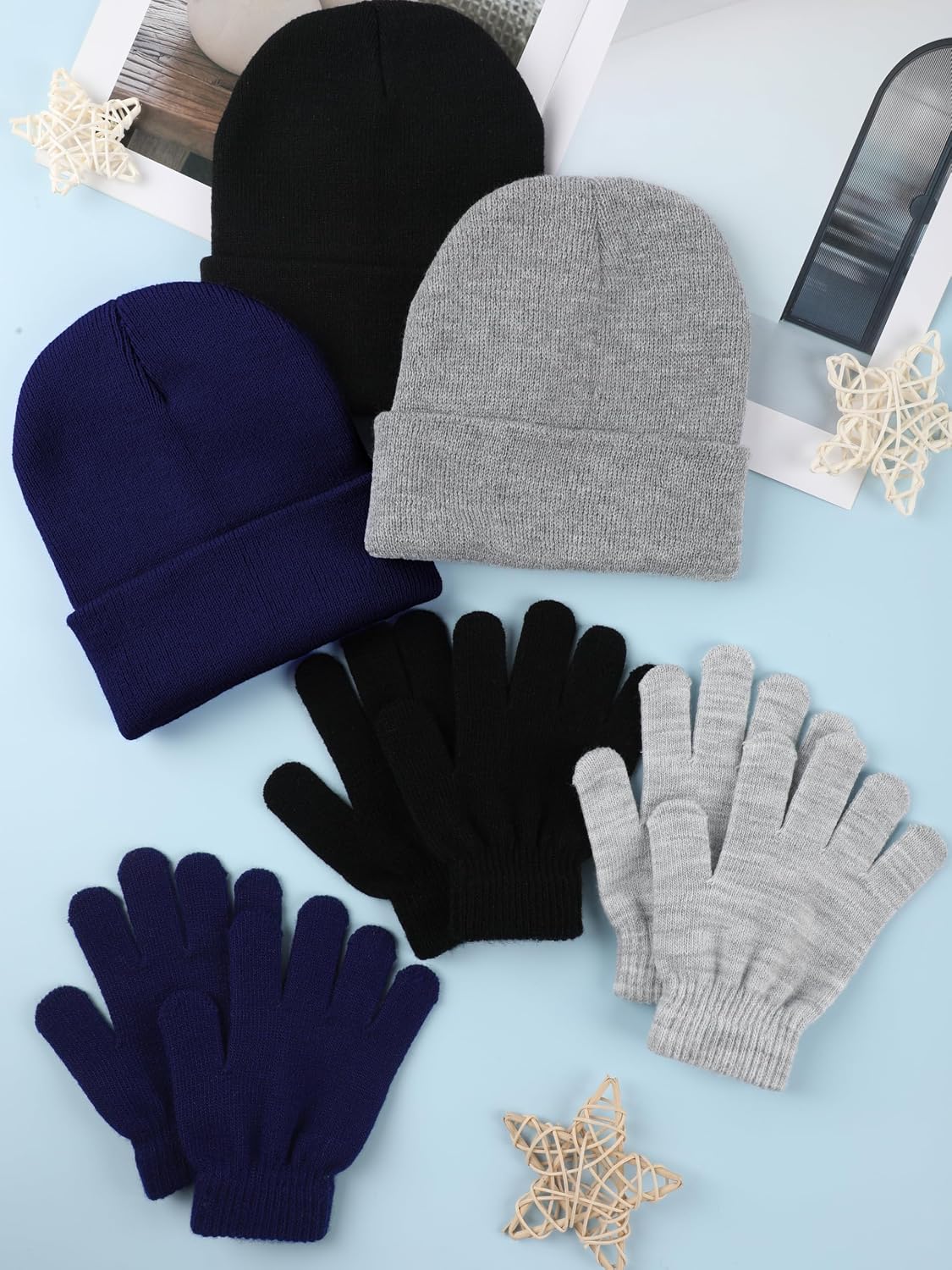 Glooarm 6 Pack Kids Beanies Hats Gloves Set, Kids Winter Hats Full Finger Gloves for Boys Girls