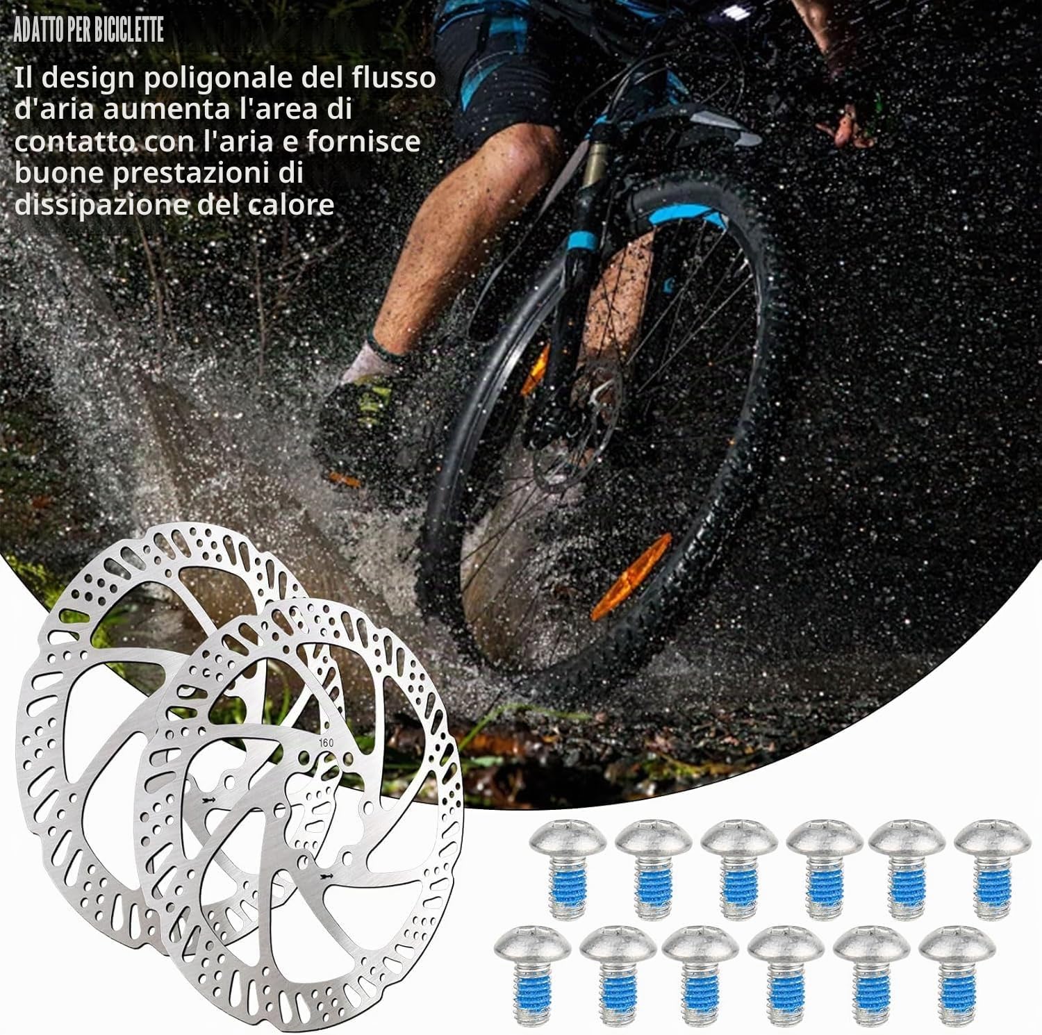 Set di 2 dischi freno a disco per bicicletta, 160 mm, 6 fori, in acciaio inox, con 12 viti per mountain bike, bici da strada