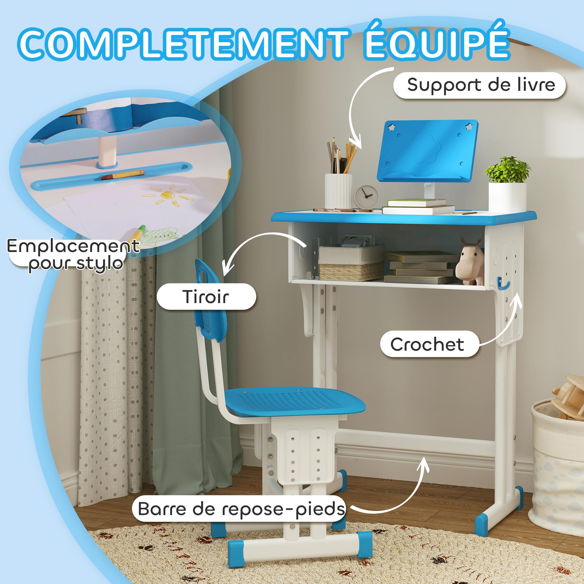 HOMCOM Bureau et Chaise pour Enfant avec Support de Lecture, Hauteur réglable, 60 x 45 x 90-102 cm, Bleu
