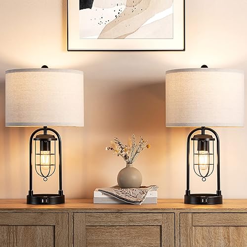Miniatura 2 de Kyrid Juego de 2 lámparas de mesa de 21 pulgadas con luz nocturna y puerto USB, juego de lámparas industriales modernas para mesita de noche