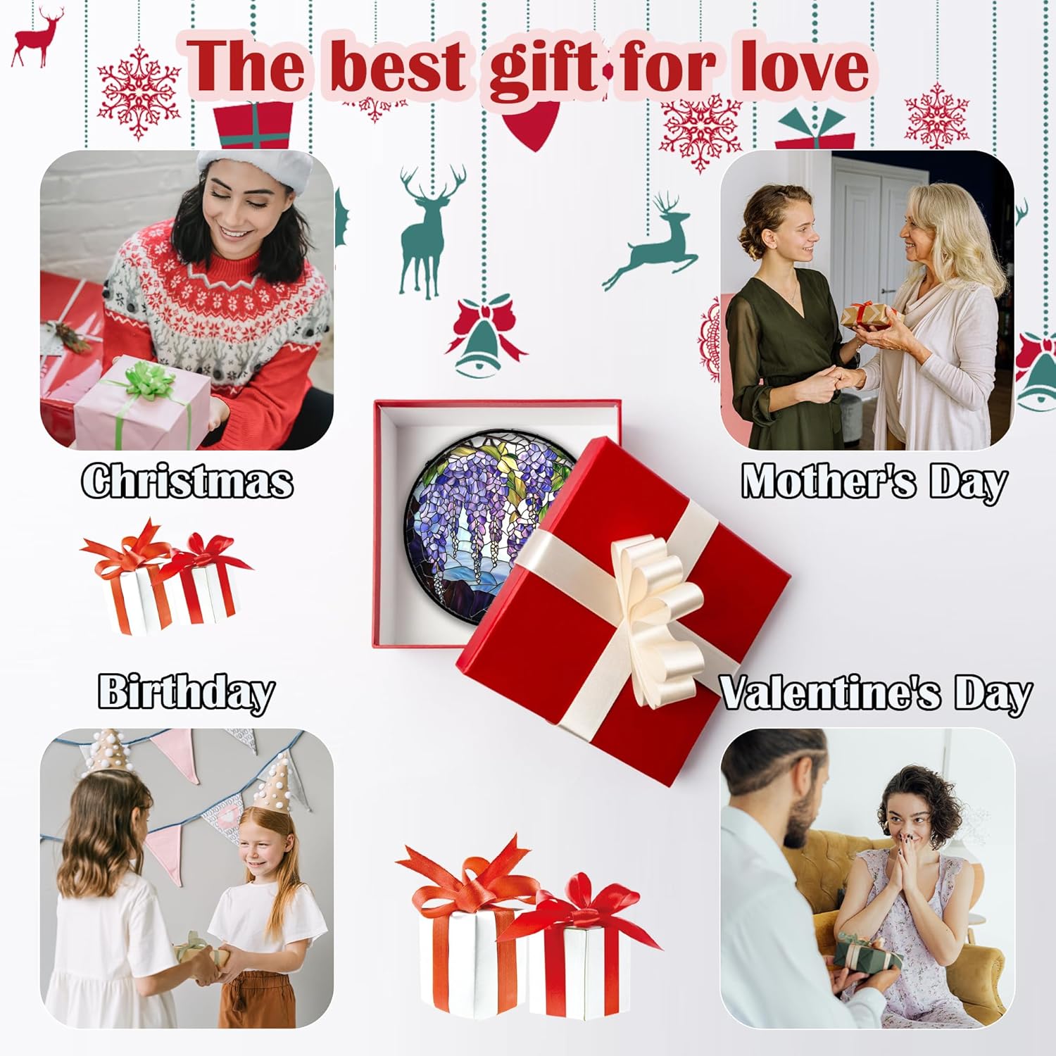 Stained Glass Window Hanging, Wisteria Flower Sun Catcher for Door Home Decor Purple and Blue Suncatcher Christmas Mother's Day Birthday Gifts for Women Men Mom and Nana 15 in