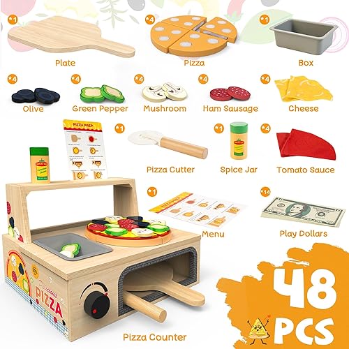 Miniatura 2 de Juguete de pizza de madera – 48 piezas Montessori pretender Play Food para mayores de 3 años, juguete educativo de aprendizaje de madera con horno