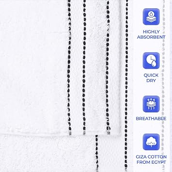 Egypt Produced Giza Cotton Bath Towels,Towel set for Bathroom, Shower, Spa, 900GSM, Highly Absorbent and Ultra-Soft Towels, Bath Essentials, Niles Collection, Bath Towels, Set of 2, White-Black