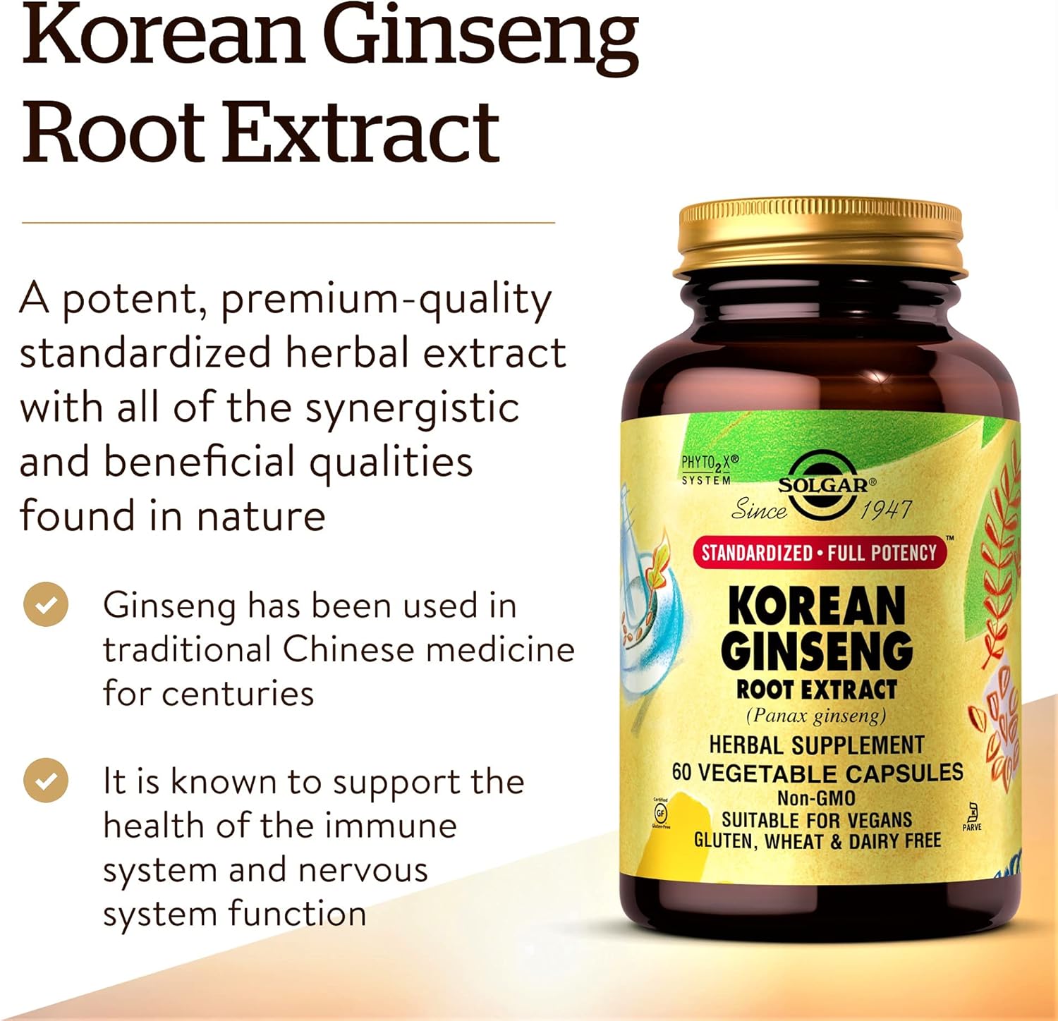 Solgar Korean Ginseng Root Extract, 60 Vegetable Capsules - Immune Support - Standardized, Full Potency (SFP) - Non-GMO, Vegan, Gluten Free, Dairy Free, Kosher - 60 Servings : Health & Household