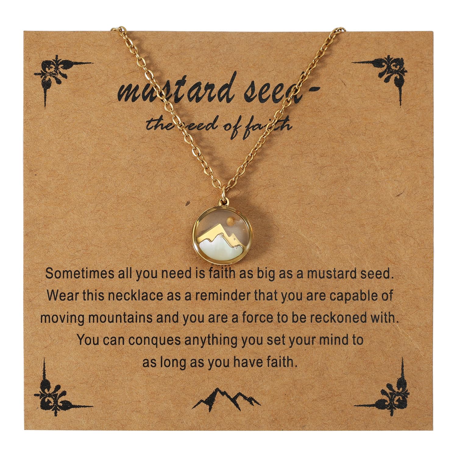 Faith Necklace for Women, Gold Mountain and Mustard Seed Pendant Necklace Religious Christian Jewelry Gift for Mom Friends Grandma
