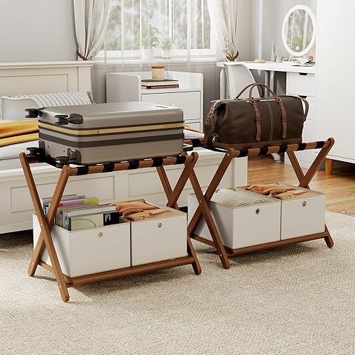 Juego de 2 portaequipajes de nogal totalmente montados con 4 cajas de almacenamiento, soporte de bambú de 26.77 pulgadas para habitación de
