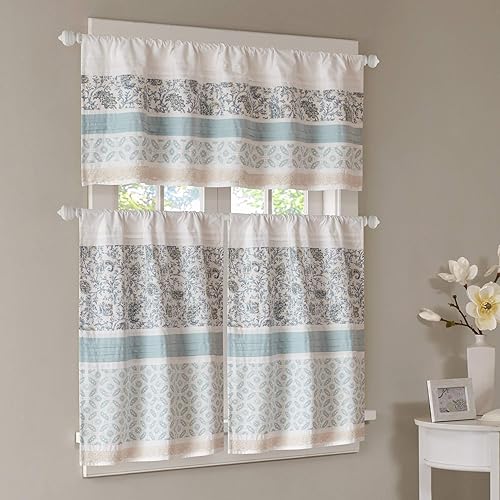 Miniatura 8 de Madison Park Dawn - Cenefa de ventana azul estampada, cenefas florales de algodón con bolsillo para barra, 50 x 18 pulgadas, verde azulado