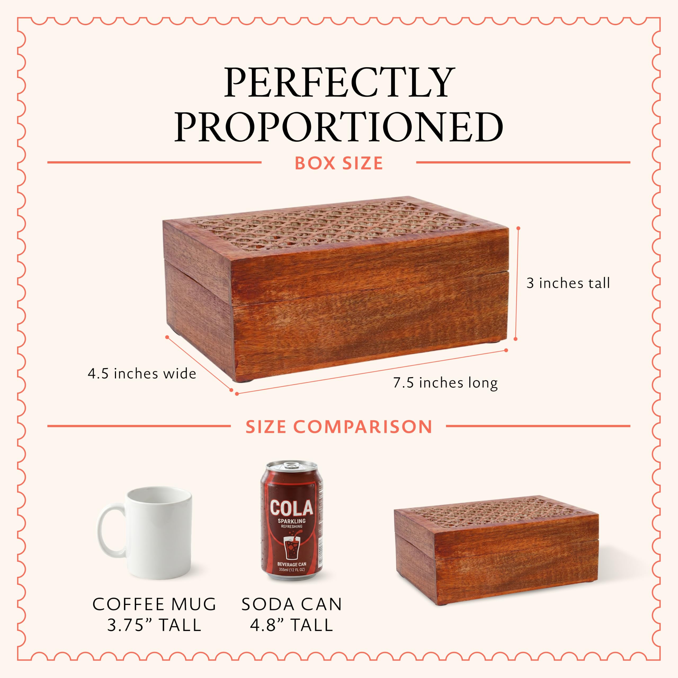 Mela Artisans Caja de recuerdo mediana con tapa de enrejado con bisagras, pulido medio, caja decorativa de madera, caja de recuerdos de recuerdo, caja de almacenamiento de madera de mango, almacena