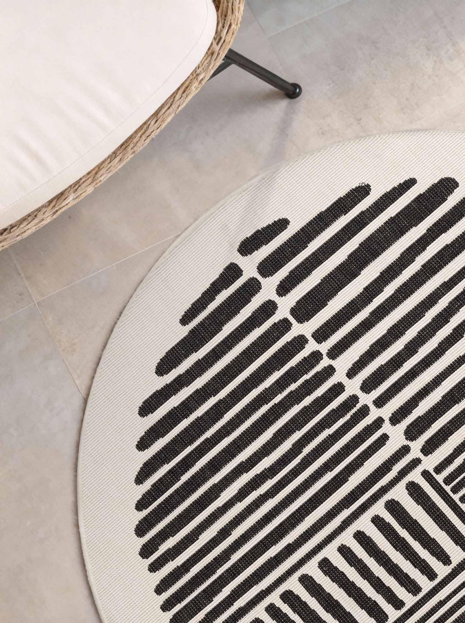 Ted Baker Flachgewebe Teppich Bounds Rund - Wendeteppich Outdoor geeignet, Pflegeleichter Wohnzimmerteppich, Modern, Streifen Muster für Wohnzimmer, Terrasse, Esszimmer, Balkon - Schwarz Weiß, Ø200 cm