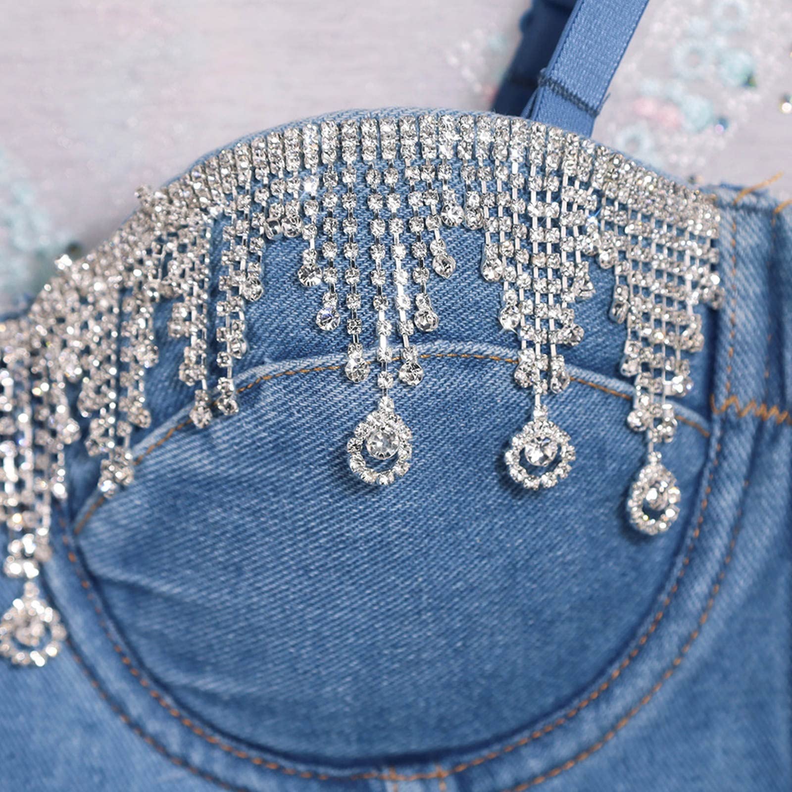 新品:CALNAMUR GLITTER DENIM RIBBON BUSTIER Moon Laser Denim Bustier Top • Marine Serre