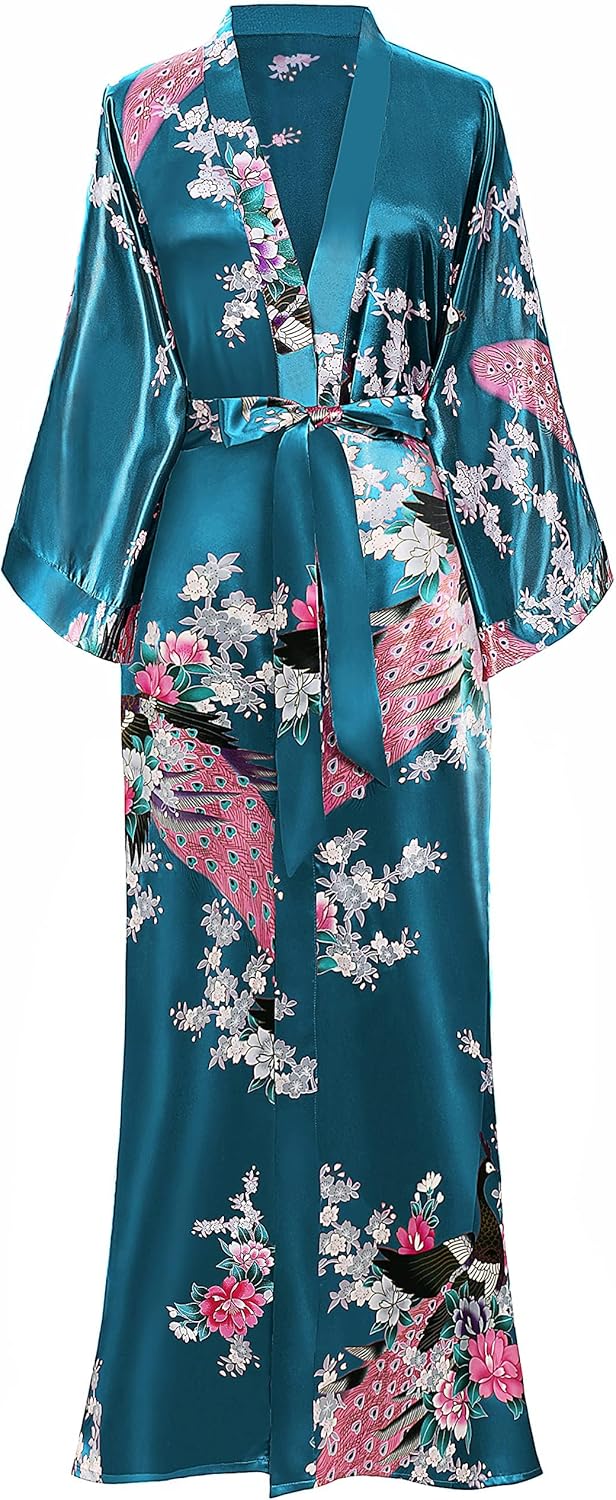 BABEYOND Ochtendjas voor dames, maxi, lang model, zijde, satijn, kimono met pauwenpatroon, 135 cm lang, lila, One size