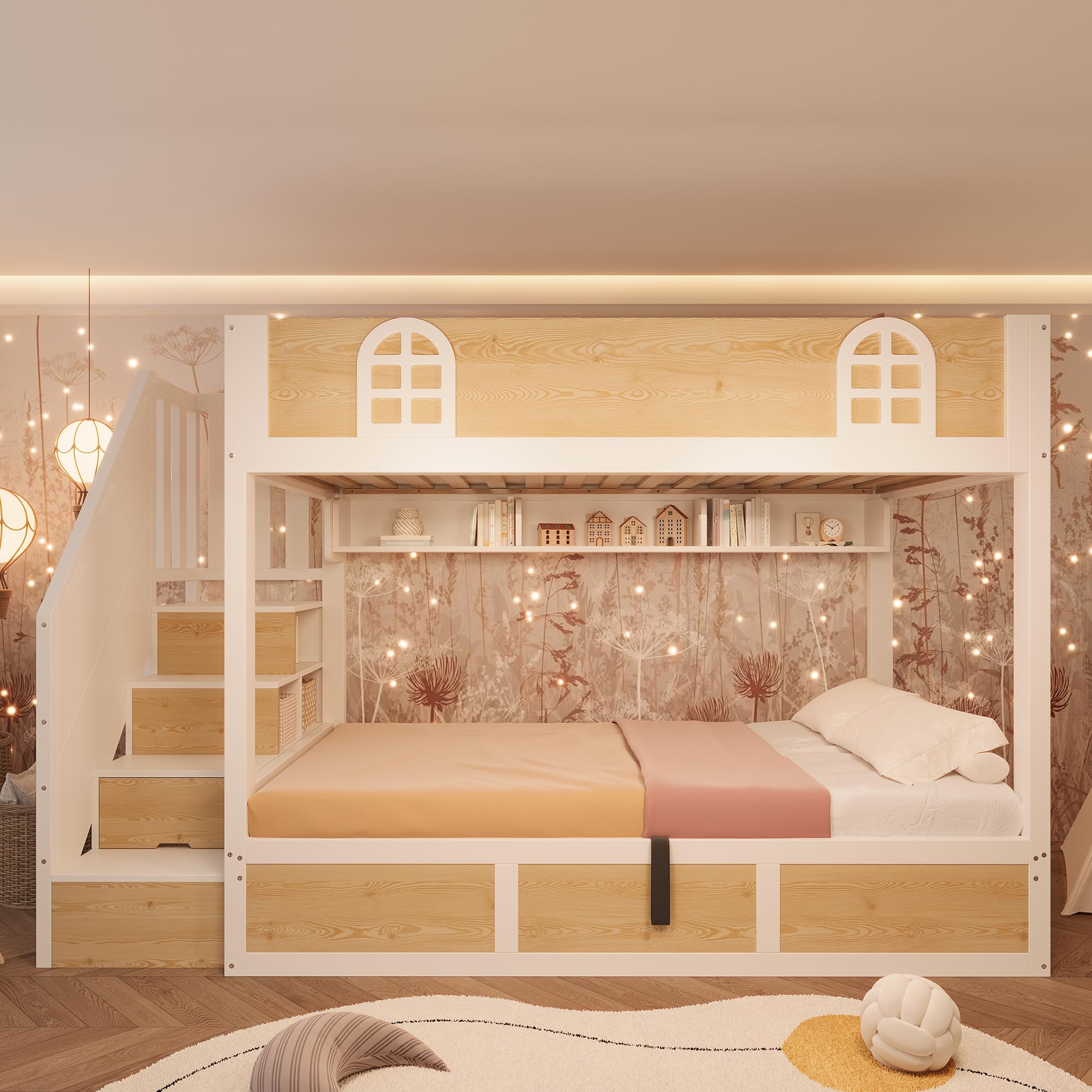 Dolamaní Letto a castello in legno 90 x 200 cm per 2 persone, con spazio di archiviazione idraulico, scala, reti a doghe e protezione anti-caduta, senza materasso (bianco + naturale B)