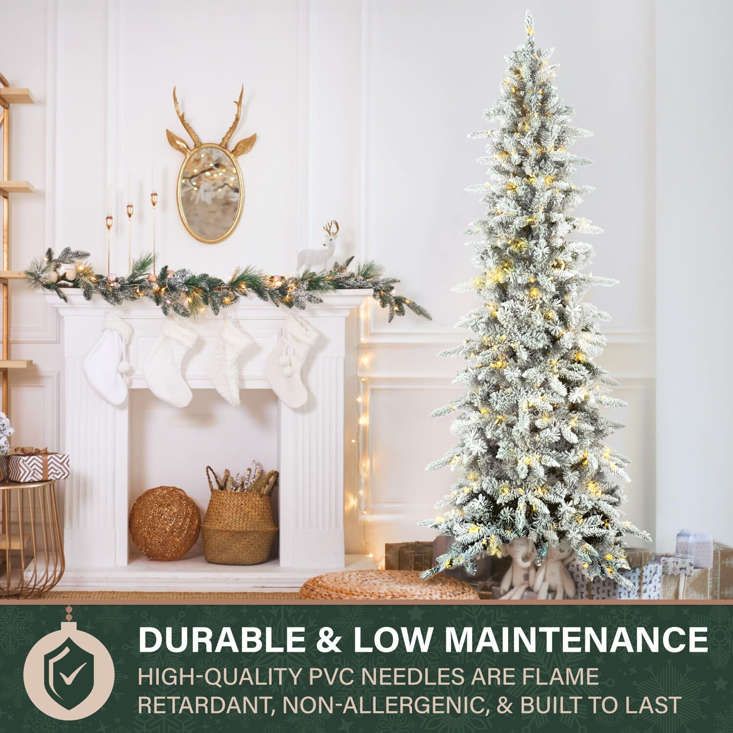 Close-up of pre-lit LED lights on flocked branches