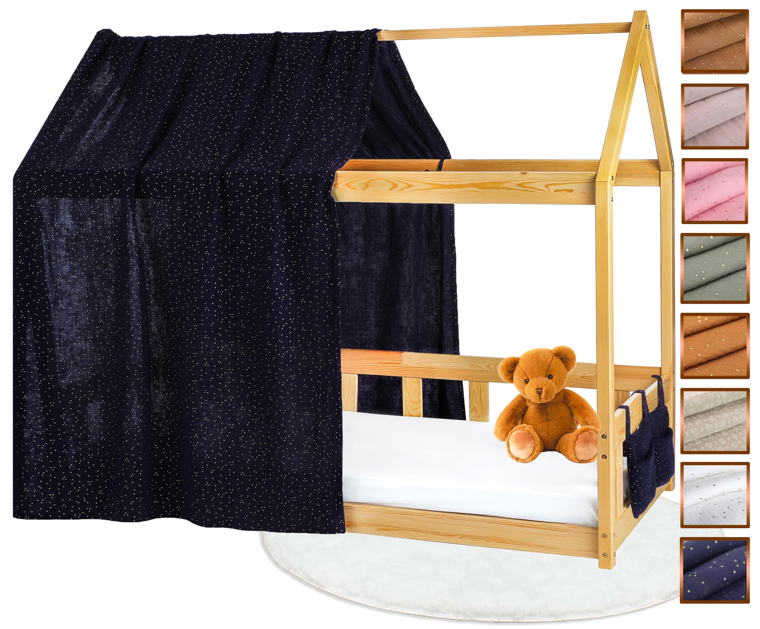 Tela Cama Casita para Cama Montessori - Dosel Cama Compatible Cama Casita Montessori 80x160 y 90x190 cm (Azul Noche/Oro + Bolsa de Almacenamiento, Modelo 1 + Bolsa de Almacenamiento)