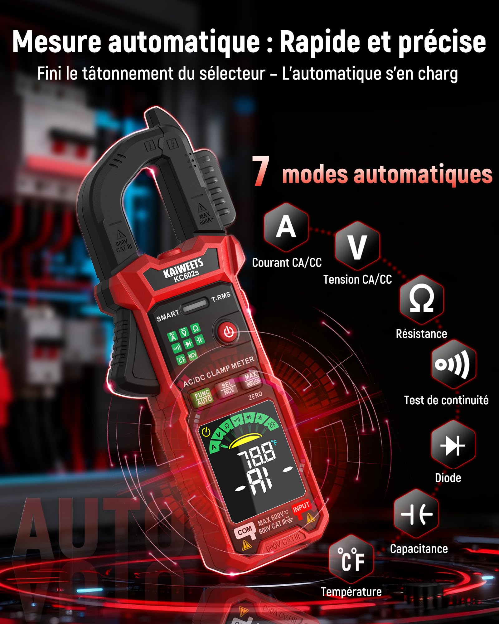 KAIWEETS Pince ampèremétrique 600 A TRMS, pince de mesure numérique avec mesure automatique, 6000 points, courant et tension CA/CC, NCV, courant d'appel, résistance, capacité, température, test de