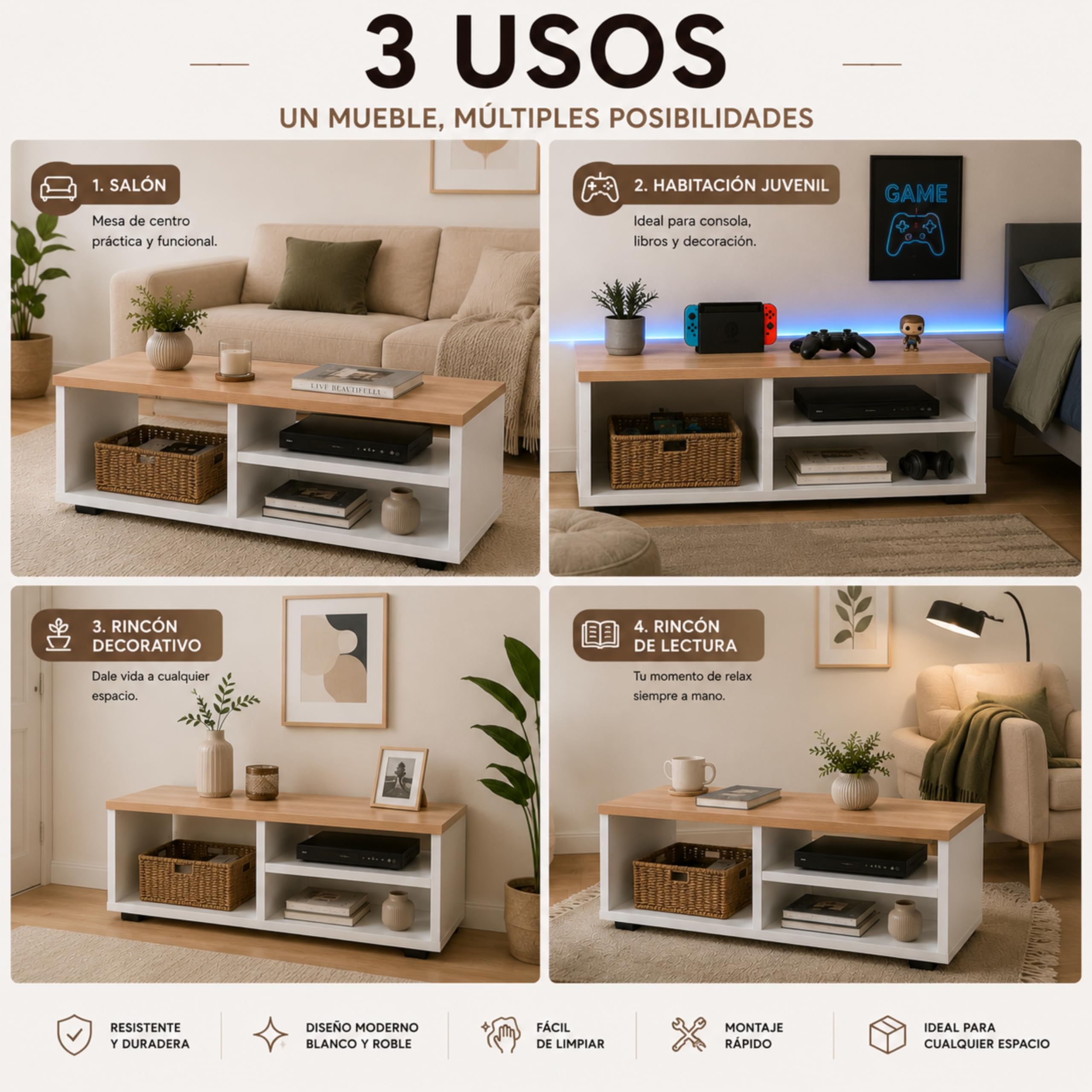 Mueble TV Blanco y Roble, Mesa TV Moderna para Salón - 90x30x35 cm | Estilo Moderno, Ideal para Decoración del Salón - Mueble TV Blanco pequeño. ONA