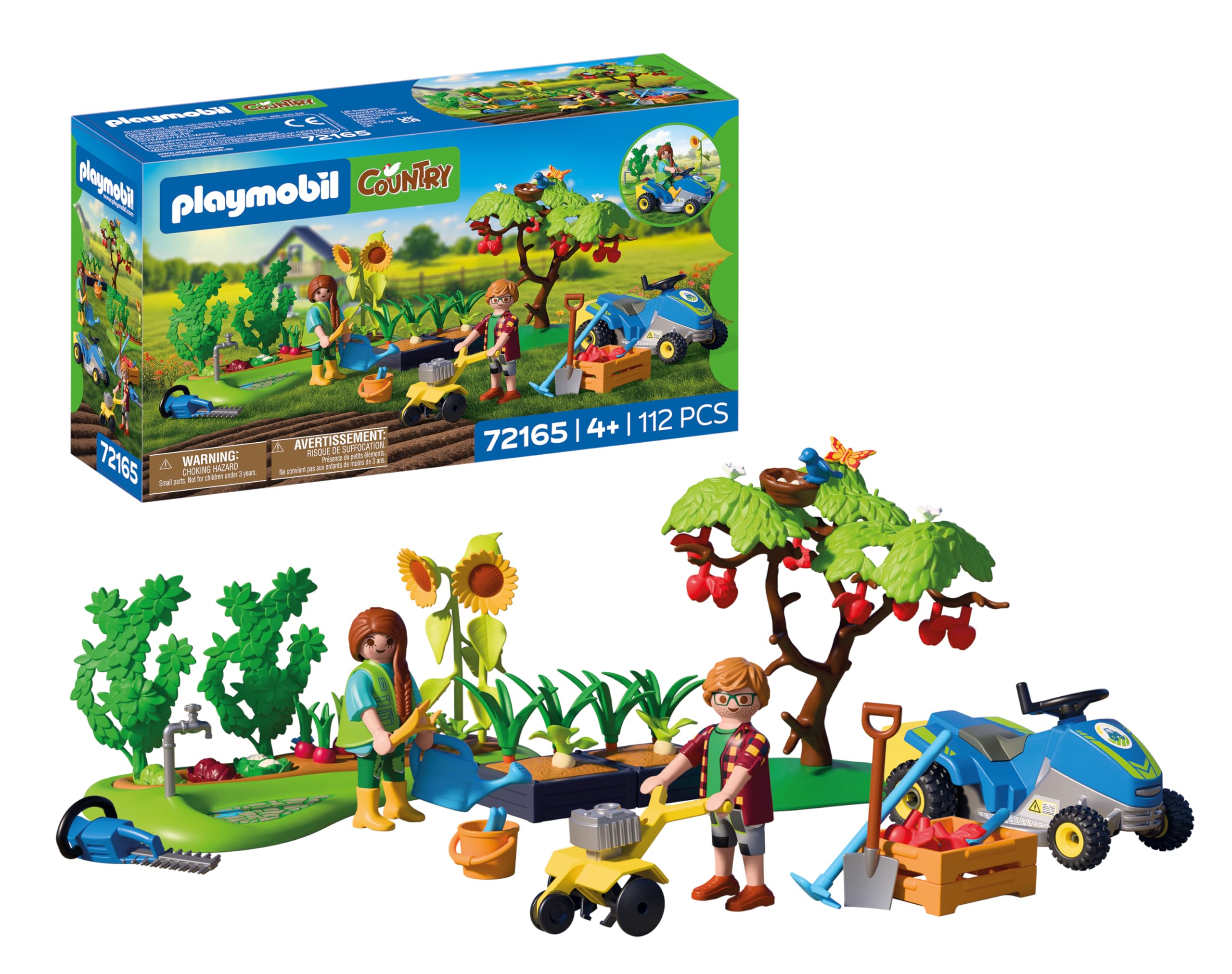 PLAYMOBIL | Country | Idyllischer Gemüsegarten | Garten‑Set mit Aufsitzrasenmäher, erntebarem Gemüse & reichlich Zubehör | Für Kinder ab 4 Jahren | 72165