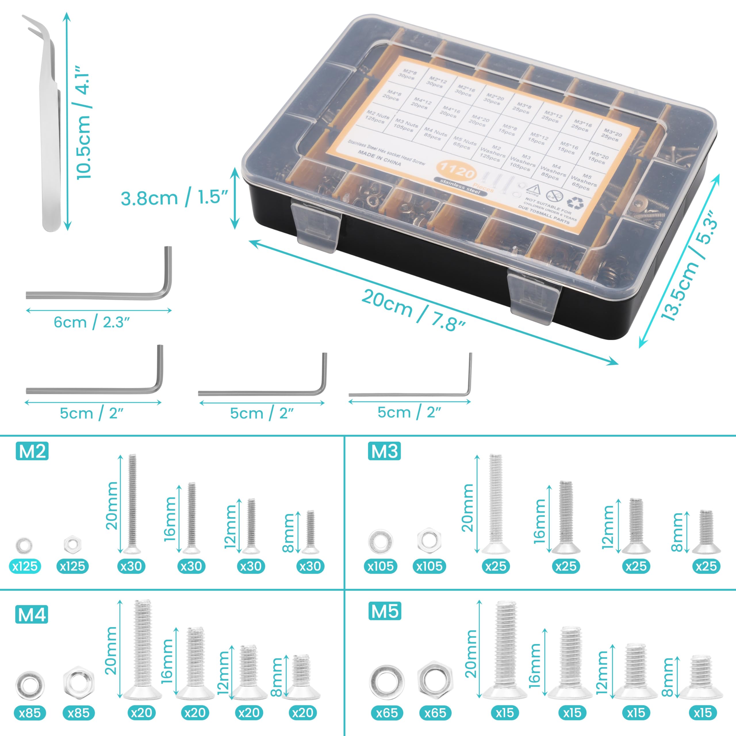 Kit Riparazioni Fai-da-te Set 950 Viti Svasate Acciaio Inox | M2, M3, M4, M5 Con Bussole E Custodia Organizer Viti