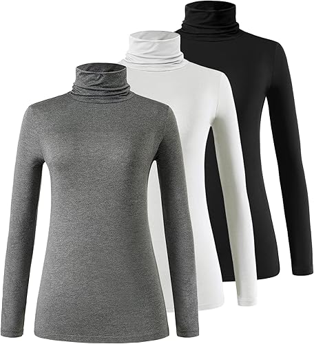 Femdouce Camiseta de manga larga con cuello alto para mujer, ligera, delgada, básica, cuello alto, paquete de 2