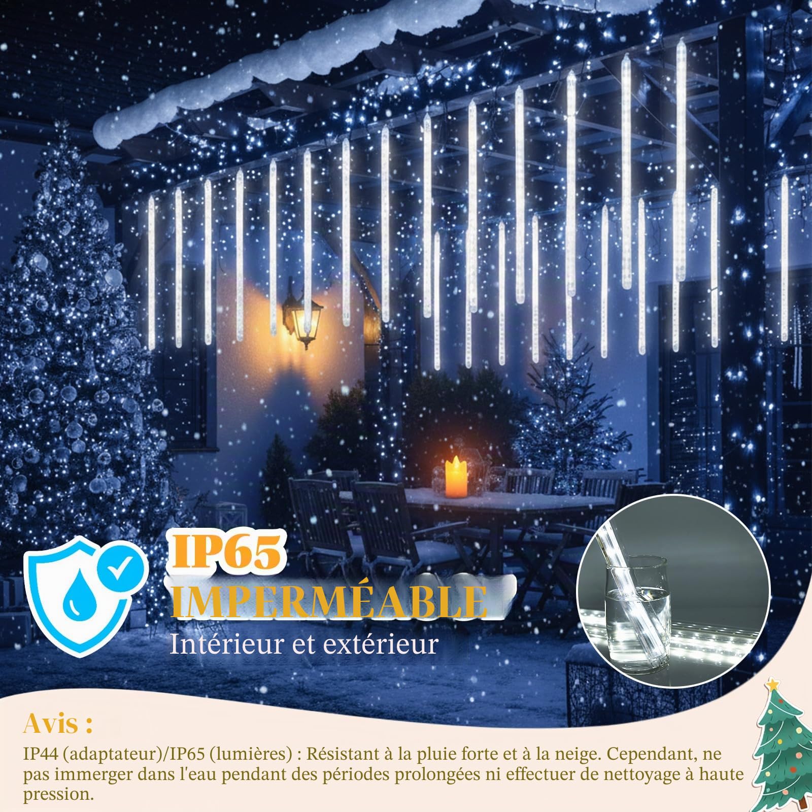 Guirlande Lumineuse Exterieure Noel, 24 Tubes Lumières de Pluie de Météores, 30 cm 576 LED, Étanche IP65, éclairage de Noël pour Balcon, Avant-Toit, Toit, Blanc (3 Jeux de 8 Tubes)