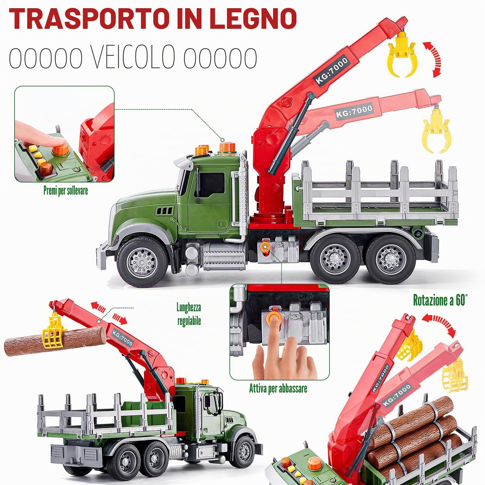 Tacobear Camion da Trasporto in Legno Grande 1:16 con Luci, Suoni e Gru di Carico - Trasportatore Soccorso - Regalo per Bambini 3-6 Anni