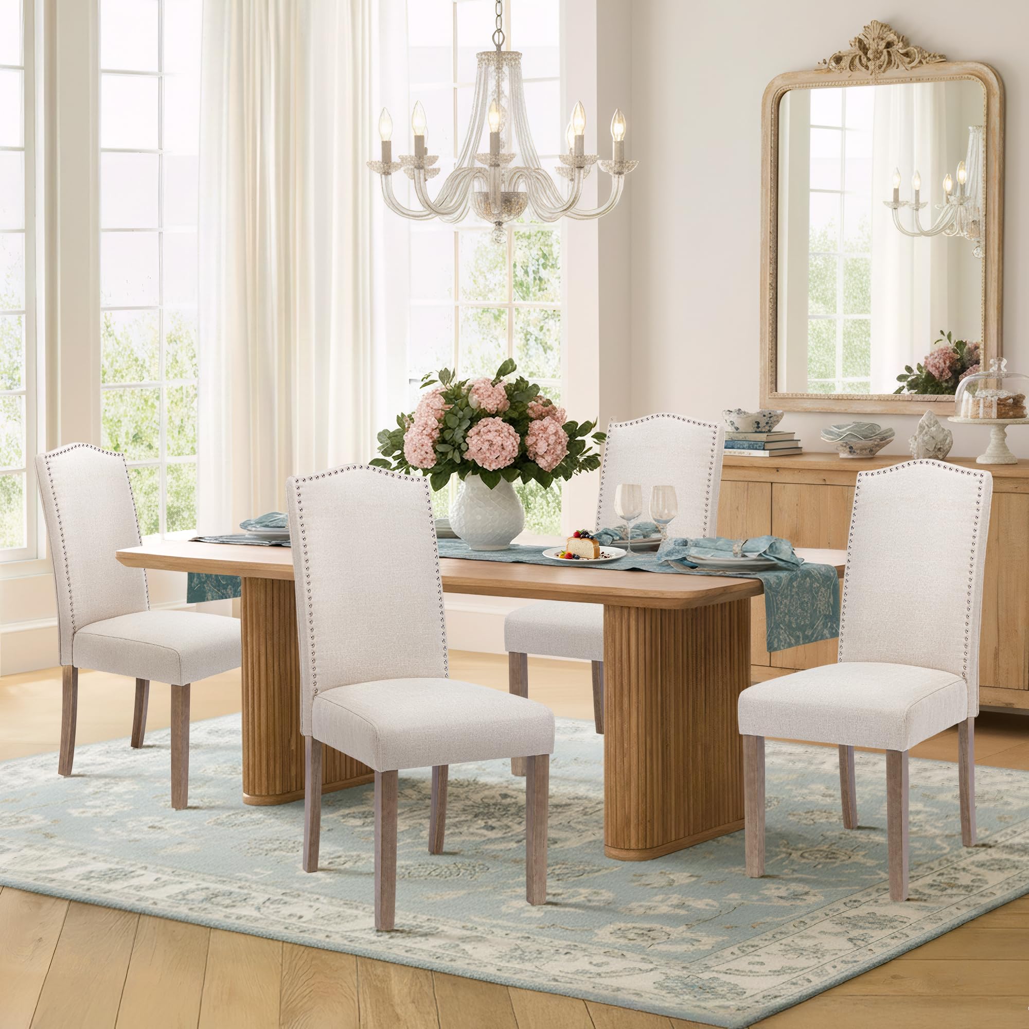 Upholstered Dining Chair Stylish Parsons Kitchen with Silver Nailhead Trim & Wood Legs, 4-Pack, Fabric Beige