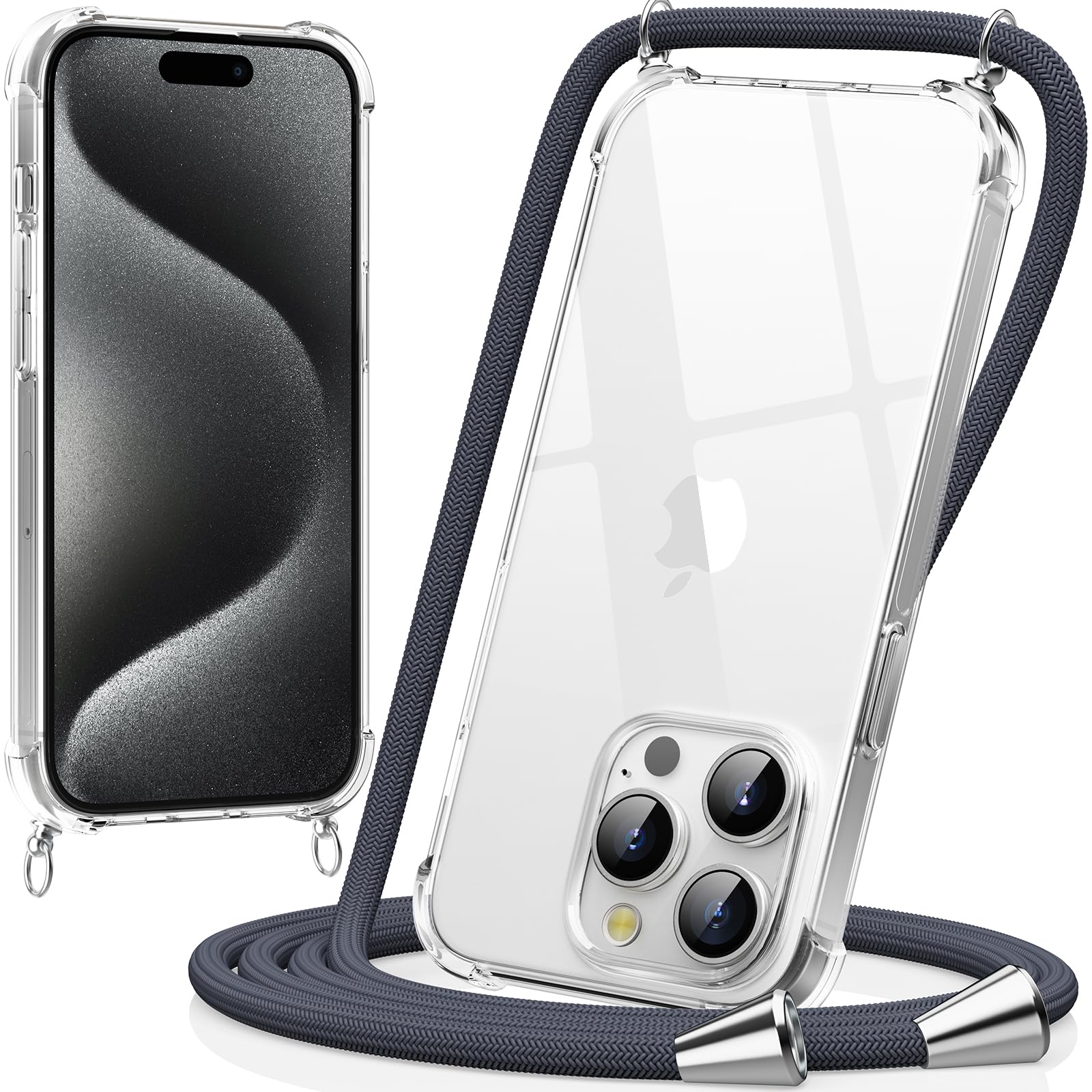caslord Handyband kompatibel mit iPhone 15 Pro 6,1 Zoll, Necklace Hülle mit Bands Handyhülle für zum Umhängen, Transparent Case mit Handykordel,Stoßfeste Schutzhülle zum Umhängen Kordel, Dunkelgrau