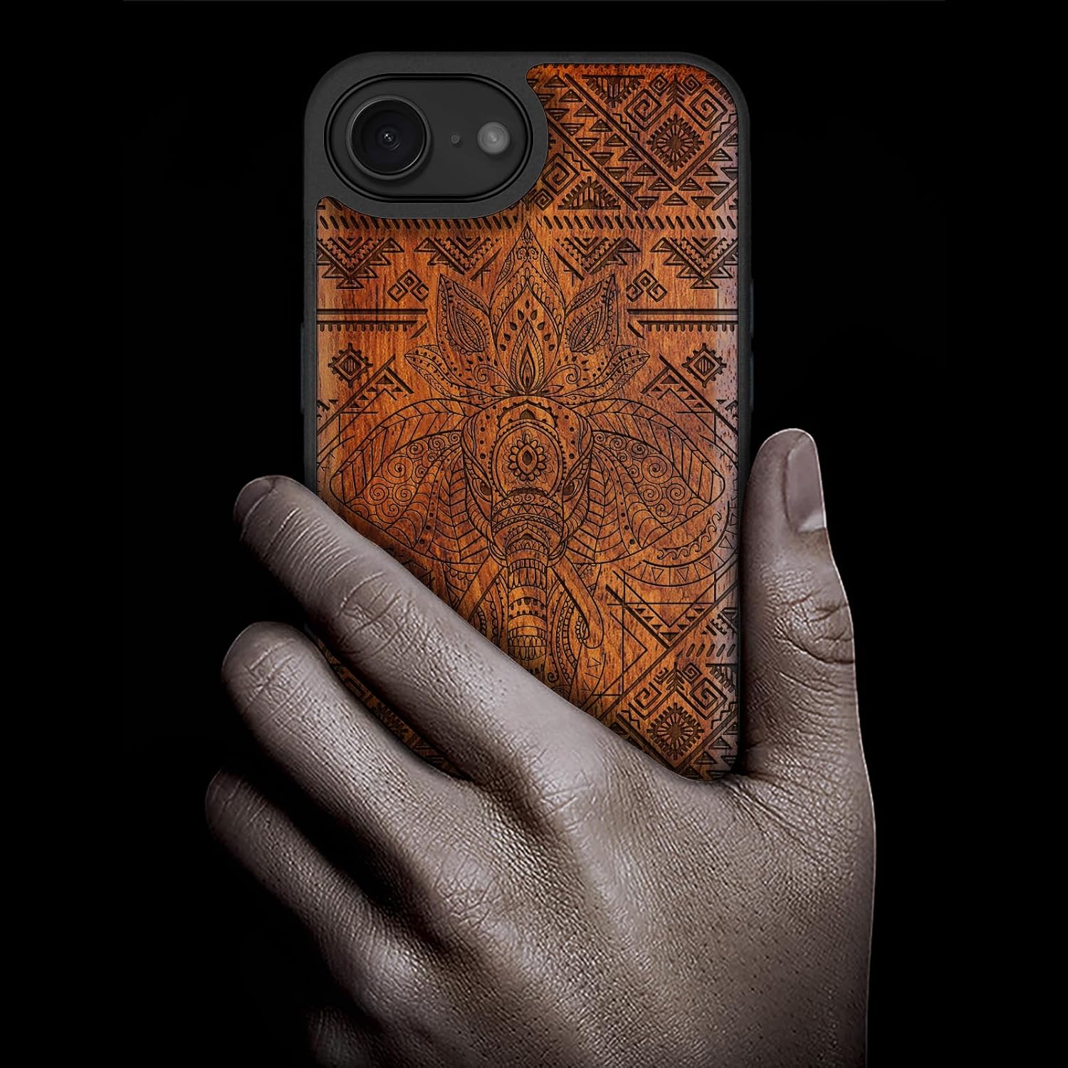 Carveit Magnetic Wooden Case for iPhone 16e / 17e, Solid Wood & Black TPU, Artisan Engraved Design, Shockproof Cover, Compatible with MagSafe Wireless Chargers, African Elephant - Rosy