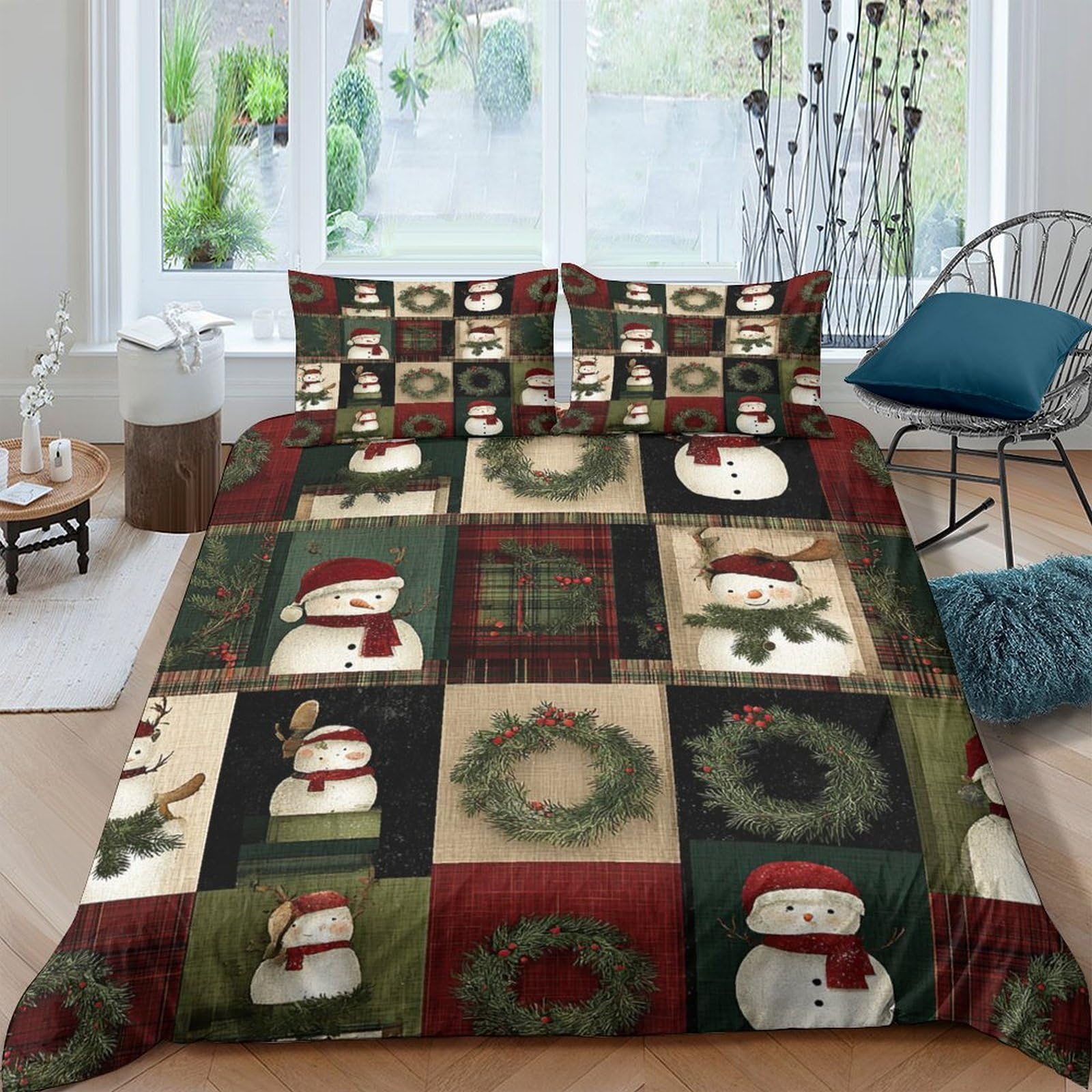 Ctjqhvkz Style-5 3D Printed Snowman Patchwork Fitted Sheet Microfiber Soft Christmas Wreath Bed Cover For Bedroom Guest Room Easy Care Single（135X200cm）
