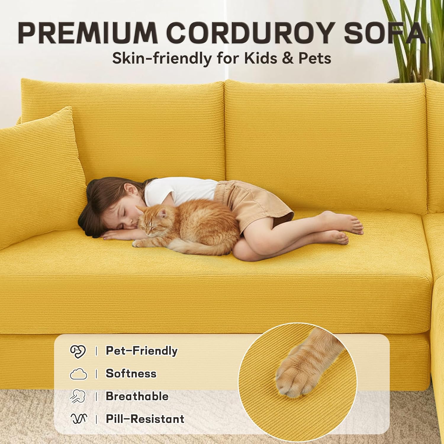 103” Cloud Modular Sectional Sofa with L-Shape Chaise, Modern Corduroy Boneless Sofa with Pull Out Bed, Deep Seat Folding Couch for Living Room, No Assembly Needed, Yellow (Left Facing Chaise)