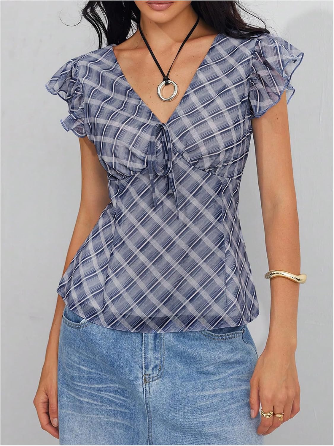 MakeMeChic Women's Plaid Blouses Flutter Sleeve V Neck Tie Front Summer Y2K Shirt Work Top - Image 5