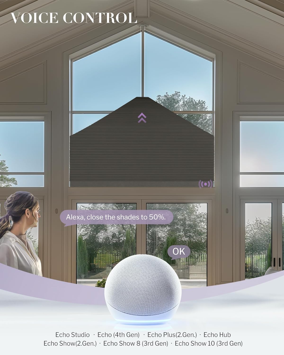 Graywind Smart Angled Blinds Compatible with Alexa Google Motorized Elongated Pentagon Shades Solar Powered Customized for Odd-Shaped Window (Blackout White)