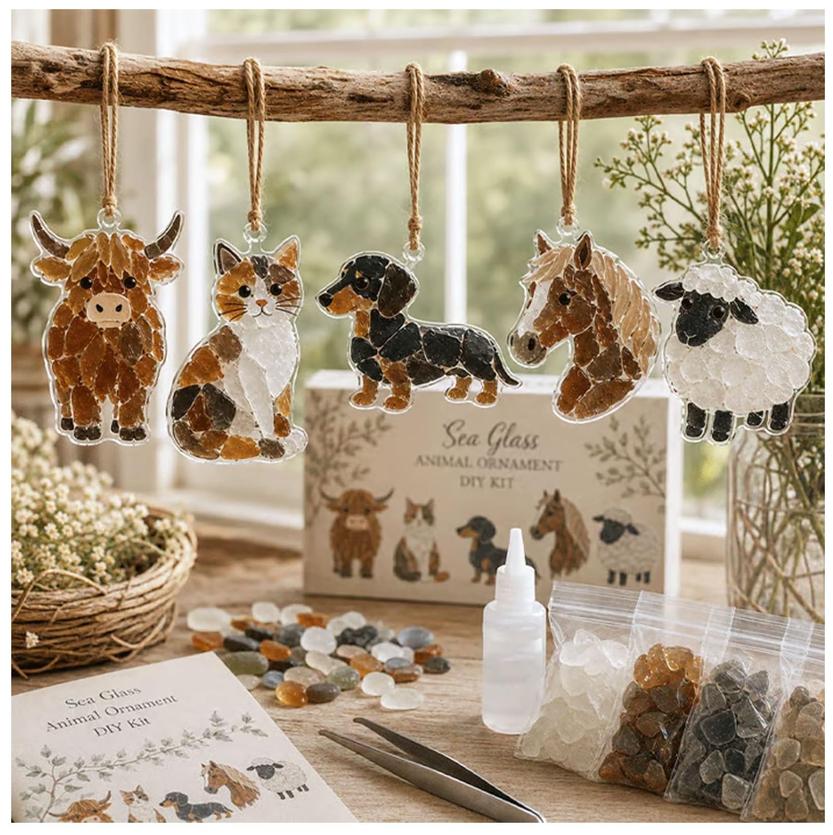 DIY Sea Glass Collage Kit, DIY Sea Glasses Hanging Ornament Art Kit, DIYs Seas Glass Animal DIYs Set, Bird Themed Ornaments, Handmade Window Hanging Decor Craft Set for Crafting Enthusiast (A02) — image 1