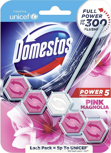 Domestos Power 5 Pink Magnolia toilet blocks that clean at full power for up to 300 flushes Toilet Rim Block up to 3x more limescale prevention* 55 g