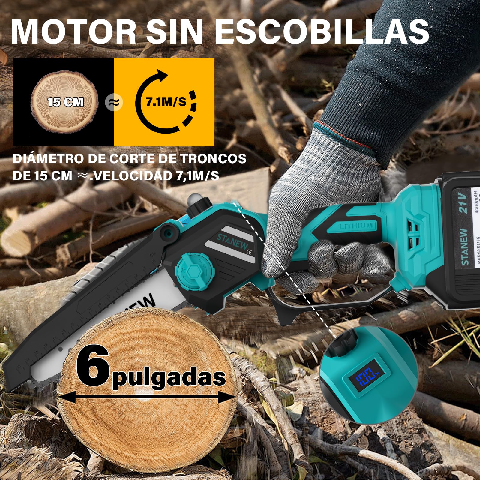 Stanew Motosierra,Batería con 2 Baterías 4000 mAh y 6 Pulgadas | Alcance hasta 4,55 m,Regulación 0-120°,Pantalla LCD,Ideal para Podar Árboles