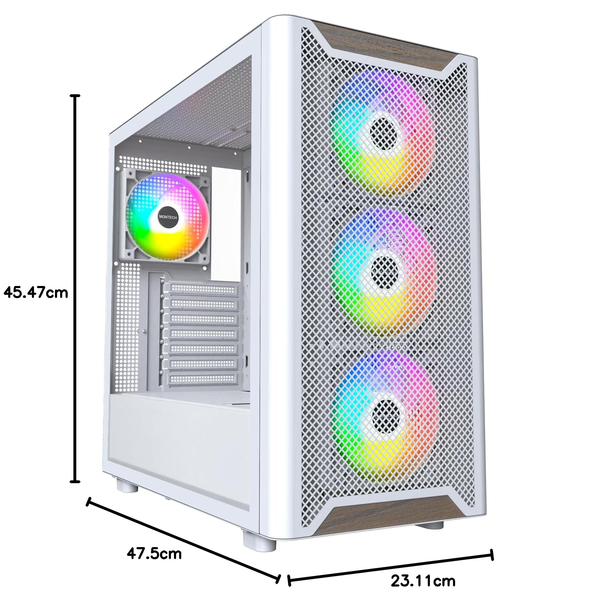 MONTECH XR Wood,Genuine Black Walnut Front, ATX Mid-Tower PC Gaming Case, Glass Side Panel, 4 x 120mm GF120 ARGB PWM Fans Pre-Installed, White | Supporto GPU 420mm, Supporto radiatore 360mm, Maglia ad alto flusso d'aria, Vetro temperato, USB-C, Supporto G