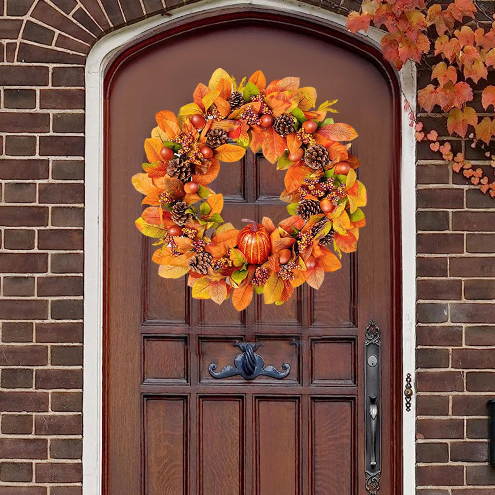 Ghirlanda autunnale Zucca per porta di casa 45 cm 18 pollici Ghirlanda autunnale decorazioni per la casa Ghirlande autunnali artificiali con foglia d'acero zucche bacche ghirlande bianche