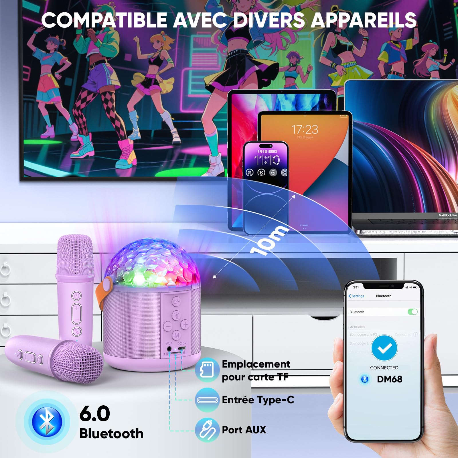 Micro Karaoke avec Lumineux LED Disco Enfant & Adulte, Jouet Cadeau Fille 5 6 7 8-12+ Ans Micro Bluetooth Karaoke Sono Enfant Enceinte Portable pour Chanter Anniversaire & Famille - Cadeaux de Noël