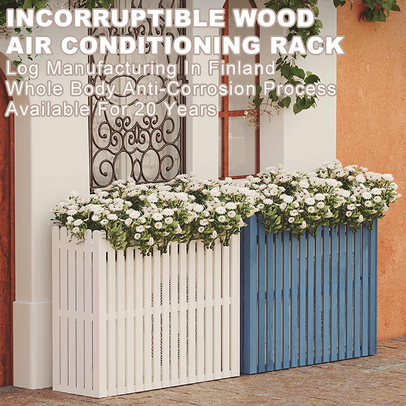 Housse de protection contre l'air extérieur – Clôture d'intimité en bois imperméable et fleur – et protection fonctionnelle de l'unité AC – Couleur bleue, parfaite pour les jardins et les terrasses.