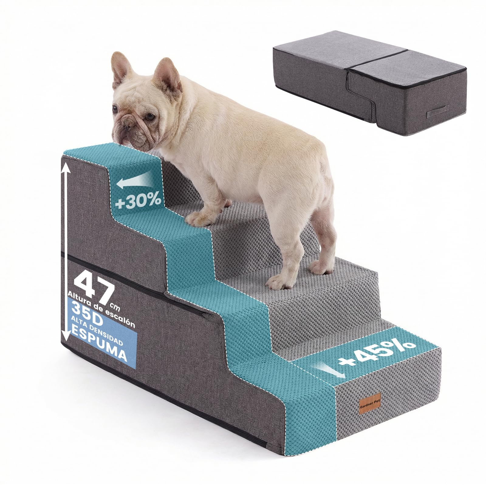 Gardner Pet Escalera para Perros Grade 4 de Espuma de Alta Densidad, 58 cm de Ancho, con Funda extraíble, Antideslizante, facilita el Acceso de Las Mascotas a sofás y Camas - Gris