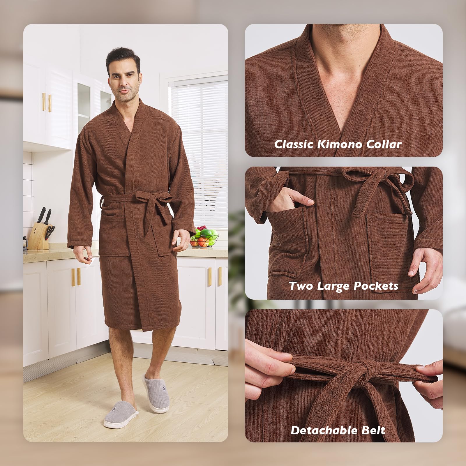 FashGudim Albornoz de rizo para hombres, grandes y pequeños, albornoz corto kimono para hombre, súper absorbente, hasta la pantorrilla, con bolsillos