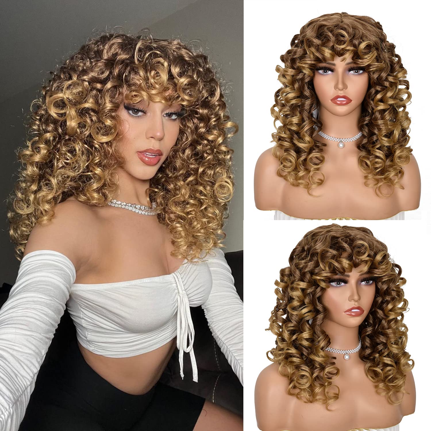 ISAMY Long Curly Wigs for Black Women Curly Afro Wig with Bangs for Women Big Bouncy Fluffy Synthetic Fiber Glueless Hair for Cosplay and Daily (Ombre Blonde) - Image 3